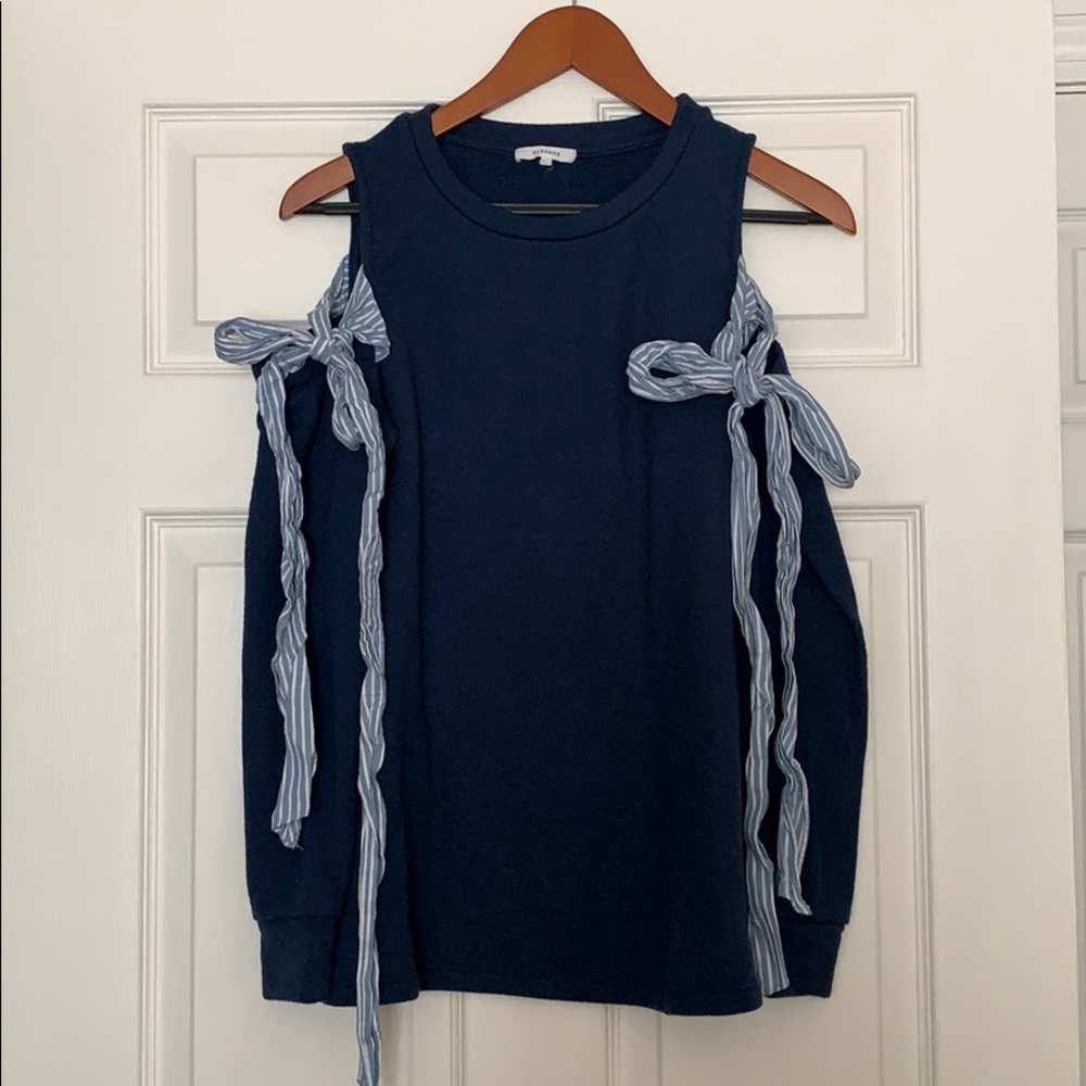 Pleione navy cold shoulder striped bow sweatshirt